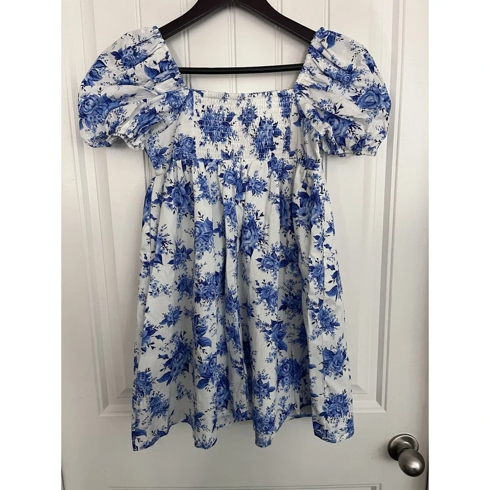 Rare Editions Girls 12 Blue Floral Dress Empire Waist Knee Puff Sleeves 587